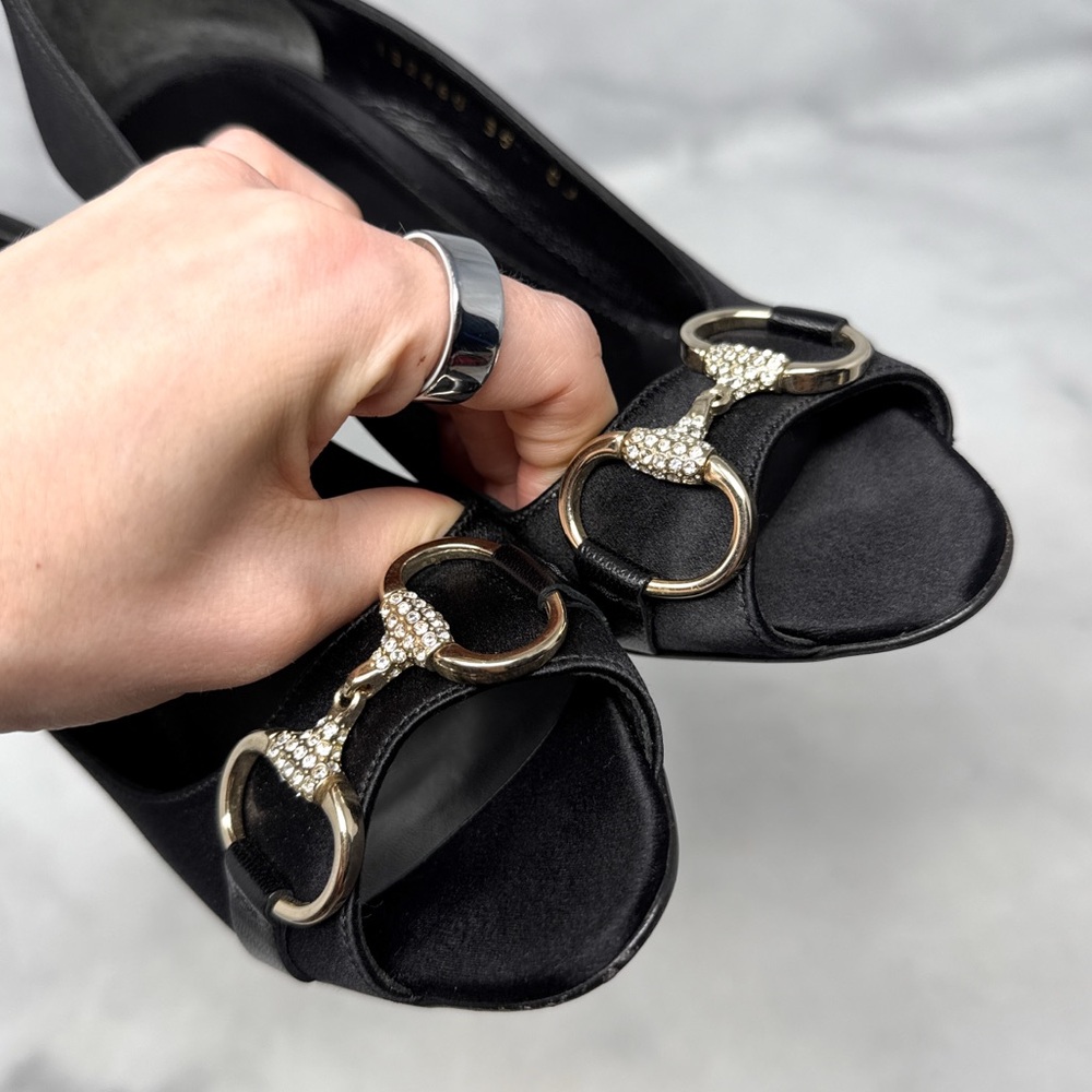 GUCCI Silk Satin Horsebit Swarovski Crystal Embellished Open Toe Pump Heel Black - Picture 6 of 15